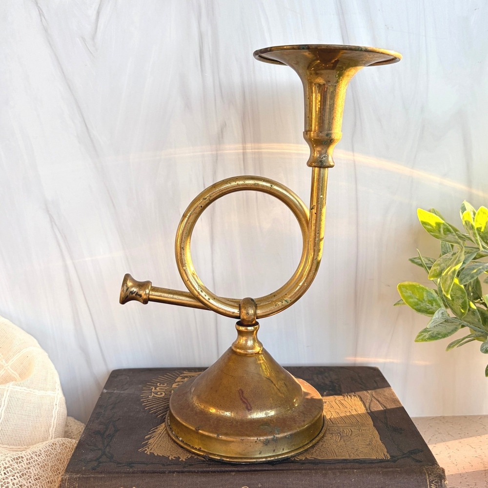 Vintage Brass French Horn Taper Candlestick Holder Musical Instrument Decor